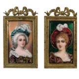 Victorian Miniature Enamel Portrait Paintings With Brass Easel Frames