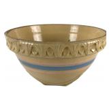 McCoy Yellow Ware Mixing Bowl With Pie Crust Rim, Blue & Pink Bands 