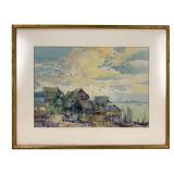 Japanese Coastal Village Landscape Watercolor Painting, Signed