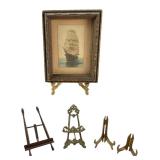 Miniature Clipper Ship Lithograph & Miniature Tabletop Art Easels 