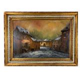 Mid-Century European Village Winter Landscape Oil On Canvas, Signed Foster