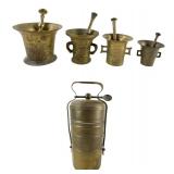 Collection Of Brass Apothecary Mortar / Pestle Sets & Indian Brass Tiffin Carrier