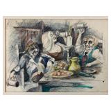 Tavern Scene Ink & Watercolor, Signed Ken Hoare