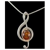 Sterling Silver Baltic Amber Clef Note Pendant Necklace, Made In Italy