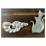 Mexican Sterling Silver Modernist Brooch & Taxco Sterling Silver Cat Brooch