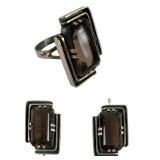 Vintage Sterling Silver Smokey Quartz Art Deco Ring & Earring Set