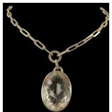 Sterling Silver Clear Quartz Pendant Necklace With Paperclip Chain