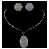 Sterling Silver Vermeil Blue Lace Agate Pendant Necklace & Earring Set