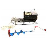 Vintage Ice Fishing Sled Box, Wood Tip Ups, Strikemaster Mora Hand Auger & More