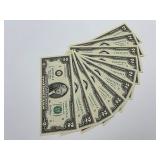 Lot of Sequential $2 Dollar Bills Series 2003 90887491-90887500 (10)