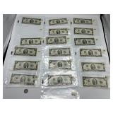 Lot of $2 Dollar Bills Series 1976, 1995, 2003, 2013 (17) incl star notes, good