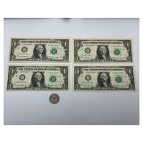 Sequential $1 bills series 2009 F05221242*-245 (4)