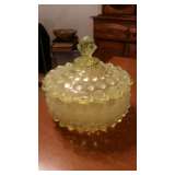 Fenton Topaz Opalescent Vaseline Hob Nail Candy Jar