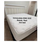Immaculately clean KING SIZE Beauty Rest bed with white iron frame