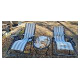  Outdoor patio furniture set with striped reclining lounge chairs featuring armrests, side trays, an