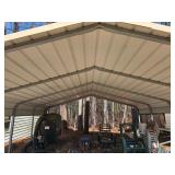  Metal carport with a beige roof and gray supports; measures 184" 20" 85". See pictures for tools to