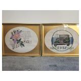 Two framed cross-stitch artworks featuring floral and vintage car designs; measures 10" x 8"