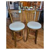 Two wooden bar stools with woven backrests and upholstered seats; measures 45" x20"x 20
