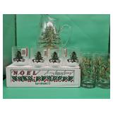 Luminarc Noel glassware set with Christmas tree and holly designs, including twelve 11 oz. glasses a