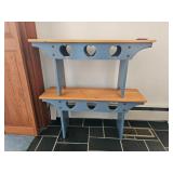 Two wooden shelves with heart cutout designs and blue painted supports; measures 35x10x18"
