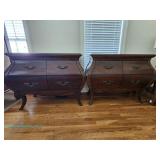 Bassett dark wood bombe-style accent chests with curved sides, serpentine drawer fronts, decorative 