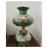  Gone With the Wind-style table lamp with green hand-painted floral glass shade and matching glass b