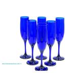 Six cobalt blue glass champagne flutes; measures 9.5" T