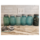 Early 20th century aqua Ball Perfect Mason jars, circa 1923–1933, with zinc lids, extra zinc lids, e