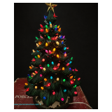Vintage 1983 hand-painted ceramic lighted Christmas tree with dark green tiered branches, multicolor