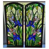 Two stained glass panels with floral motifs in green, blue, and yellow; measures 12" x 30.5" Two kno
