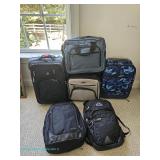 Six assorted travel bags including SwissGear, High Sierra, and Kenneth Cole