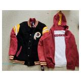  Washington Redskins NFL apparel with black and burgundy varsity-style snap jacket with front and ba