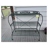  Metal three-tier plant stand with decorative scrollwork; measures 37" x 35" x 16.5"