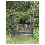 Black metal garden arbor bench with decorative floral motif; measures 48" x 83" x 22"