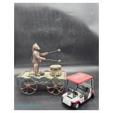 Wooden cat drummer pull toy wagon with metal wheels, drum, pull cord, and painted wood platform, pai
