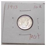 Beautiful 1913 Barber Silver Dime Brilliant Uncirculated