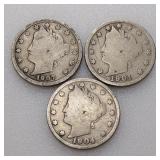 (3) Liberty Head V Nickels 1901, 1904 & 1907