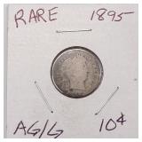 RARE-KEY DATE 1895 Barber Silver Dime (Only 690,000 Minted) G-4/AG-3