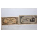 (2) WWII 1942-1945 Japanese Government- 10 & 50 Centavos "Philippines"