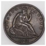 Beautiful 1861 Seated Liberty Silver Half Dollar (Closely Uncirculated-Toned)