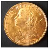 RARE, KEY Date-High Grade GEM BU 1925-B Swiss 20-Franc GOLD Coin, 6.45g-0.900 Fine Gold, ONLY 400,00