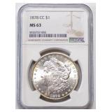 RARE Key Date 1878-CC (Carson City) Morgan Silver Dollar NGC MS 63 (Choice Brilliant Uncirculated)