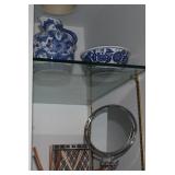 Pedestal Mirror and Blue Dishes