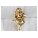 LION STICK PIN SAPPHIRE 14K YELLOW GOLD GARGOYLE VICTORIAN PEARL 2.16 GRAMS  https://www.liveauction