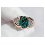 EMERALD RING 14K YELLOW & WHITE GOLD CUBIC ZIRCONIA PAVE ESTATE GEMSTONE  https://www.liveauctioneer