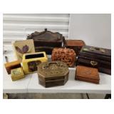Beautiful selection of wooden and 1 brass jewelry boxes