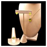 14k Yellow Gold and Peridot Set - necklace with charm, ring and earrings