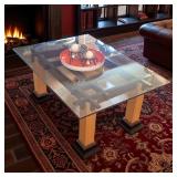 Grady Mathews Mixed Wood Coffee Table with Glass Top from Northwest Woodworkers Gallery Est $4.500