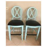 Hand painted, newly upholstered, High, Cross Back, Bar Stools (Set of 2)