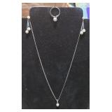 Pearl Ring, Necklace, Earrings (14K White Gold)